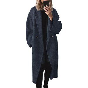 Women's Navy Winter Pea Coat Notch Lapel Double Breasted Wool Blend Overcoat
